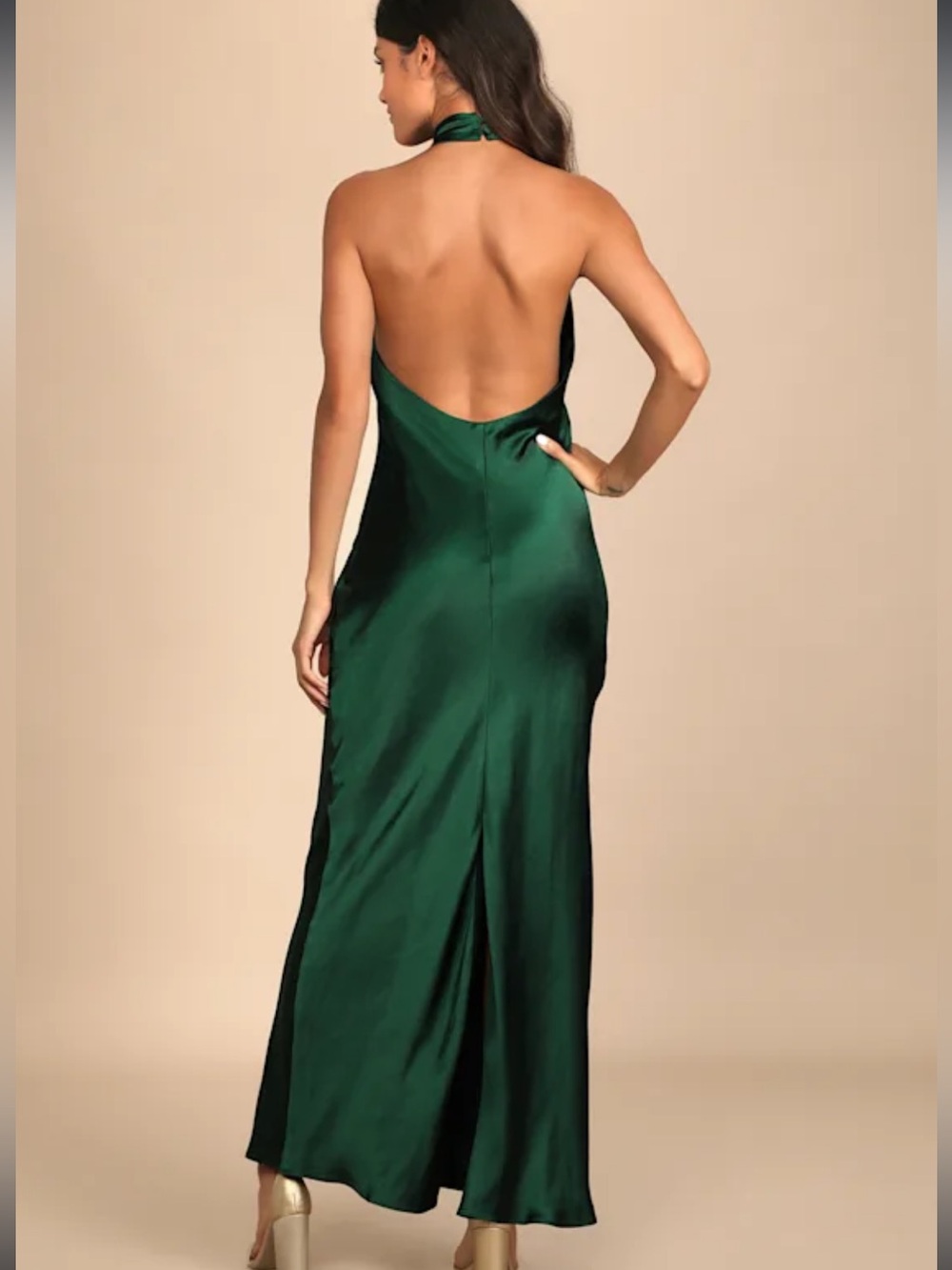 Lulu's Love in Your Life Emerald Green Satin Halter Maxi Dress Medium - Picture 3 of 8